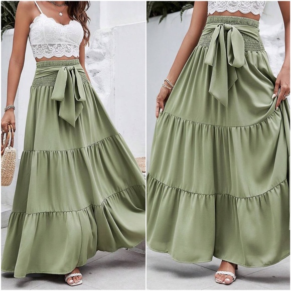 Boho High Waisted Front tie Ruffle flowy Maxi Skirt - Picture 5 of 9